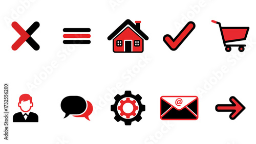 Web navigation and user interface icon set in black and red. Modern flat glyphs for website or app design, including home, settings, and shopping cart symbols isolated on white.