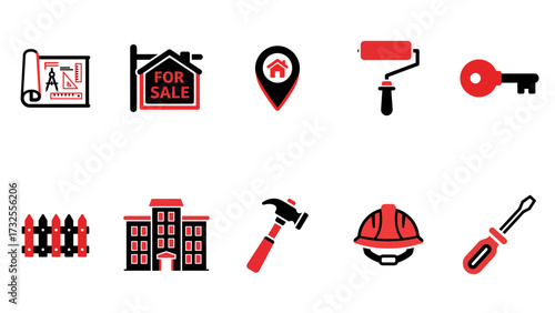 Real estate and construction icon set in black and red. Vector glyphs representing property, home building, renovation tools, and for sale signs, isolated on a white background.