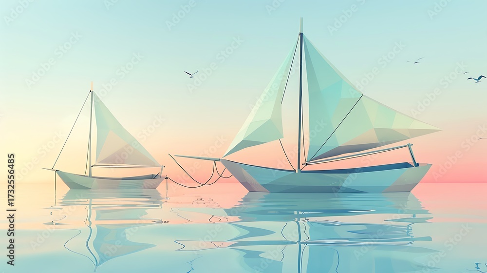 Naklejka premium Geometric sailboats serenely anchored in a tranquil pastel seascape at sunset