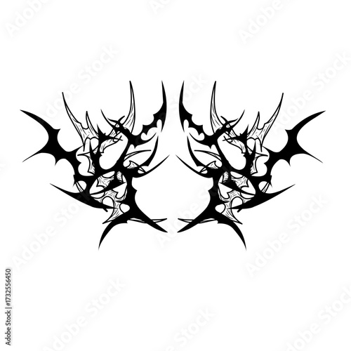 Collection of neo tribal butterfly tattoo vectors, gothic style with flaming heart wings, womb motif, and symmetrical design