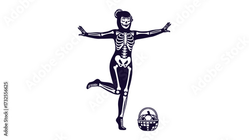 Skeletal Grace: An artistic illustration of a woman's skeleton, playfully poised with arms outstretched, showcasing the beauty of human anatomy and creativity