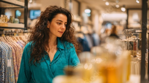 A woman is shopping in a store and looking at a display of perfume