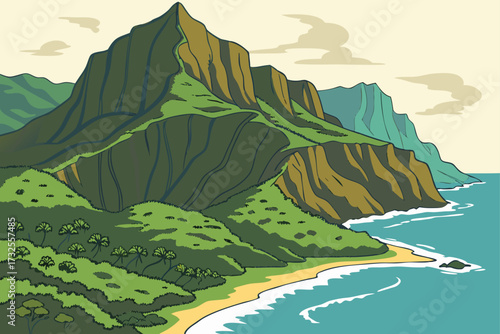 Kauaʻi in Hawaii, rugged Na Pali cliffs, waterfalls, and emerald valleys
