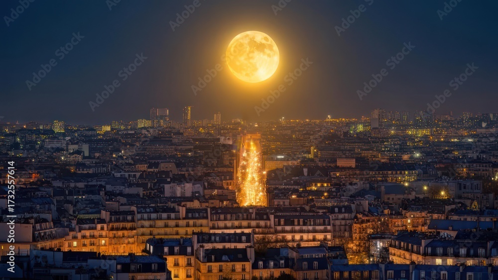 Fototapeta premium Parisian Nightscape - A Supermoon Illuminates the City of Lights.