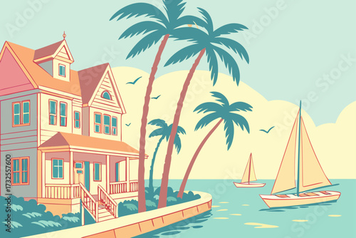 Key West Lighthouse in Florida, white tower with tropical palms and pastel Key West homes nearby