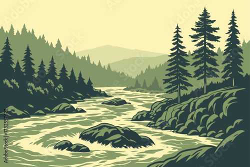 Kennebec River in Maine, rushing waters flowing past pine forests and rocky rapids in wild country