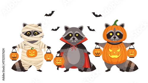 Halloween Raccoon Trio: A collection of three adorable raccoons, each adorned in unique Halloween costumes. From mummy wraps to vampire capes and pumpkin suits, they hold glowing lanterns.