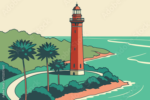 Jupiter Inlet Lighthouse in Florida, bright red brick tower framed by palms along turquoise coastal waters