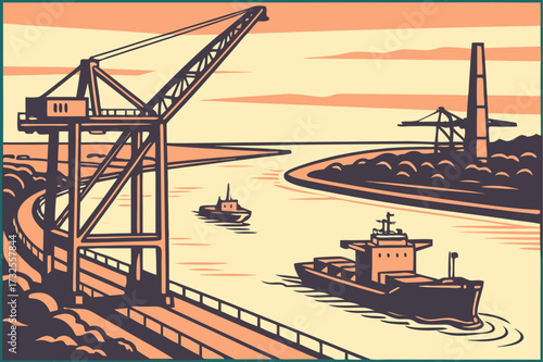 Jacksonville Harbor in Florida, cargo ships and cranes with wide St. Johns River opening to Atlantic