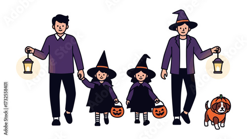Family Halloween Trick-or-Treating: A heartwarming illustration of a family embarking on a Halloween trick-or-treating adventure, complete with festive costumes and a loyal canine companion.