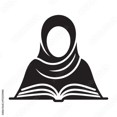 Islamic woman wearing a hijab reading an open book in a simple black silhouette illustration