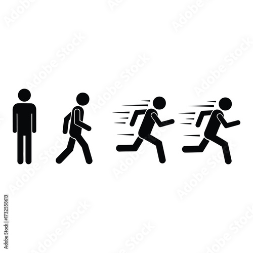 Stick figure motion sequence depicting stages of running from standing still to high speed silhouette