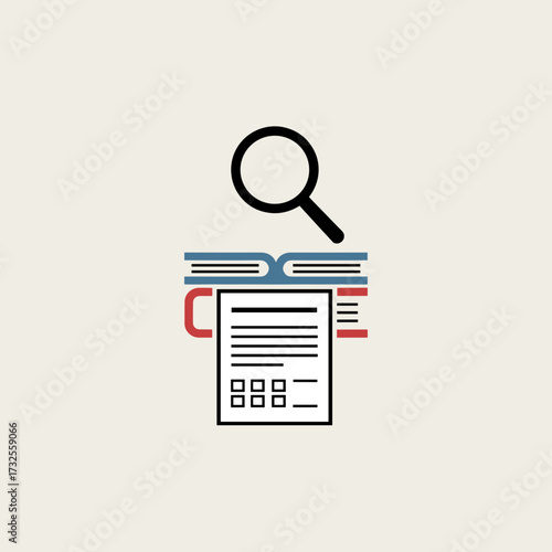 Books and document with magnifying glass in minimalistic design  