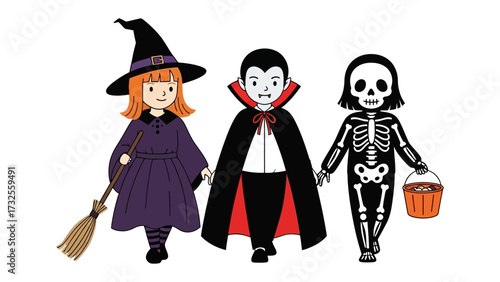 Halloween Costume Trio: An illustration featuring three children in Halloween costumes, including a witch, vampire, and skeleton, holding hands in a delightful, playful, and festive scene.
