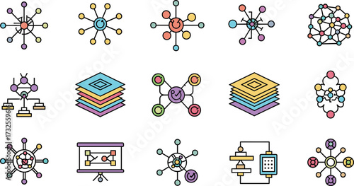 Blockchain network icons, data nodes, decentralized system diagrams, layered digital structure, technology connections, vector illustration