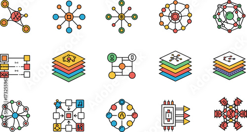 Blockchain network icons, data connections, decentralized system diagrams, layered digital structure, technology nodes, vector illustration