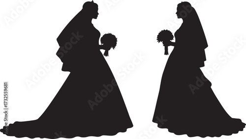 Two brides in wedding dresses holding bouquets silhouette
