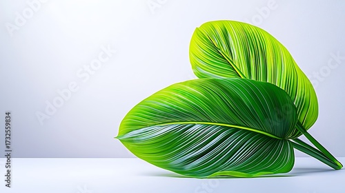 Minimal display of tropical leaves with natural green tones on white surface, isolated composition