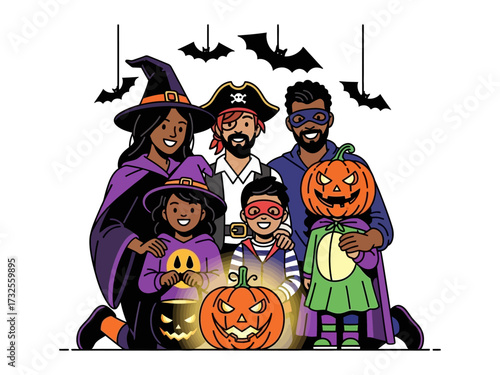 Family in Halloween Costume: A family embraces the Halloween spirit, each member adorned in distinctive costumes, celebrating the spooky season with joy and anticipation. 