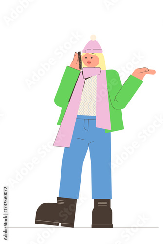 Woman talking on the mobile phone in a jacket, hat, with scarf holding a smartphone. Vector colorful spring, fall illustration
