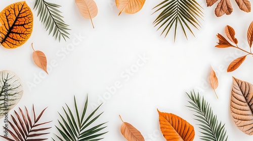 Overhead shot of leafy tropical plant elements arranged flat on clean white backdrop