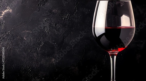 Minimalist presentation of wine glass filled with red drink glowing against black background