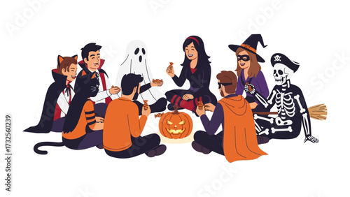 Halloween Gathering: A diverse group of individuals in captivating costumes gather around a carved pumpkin, celebrating Halloween with laughter and camaraderie, showcasing the spooky spirit.