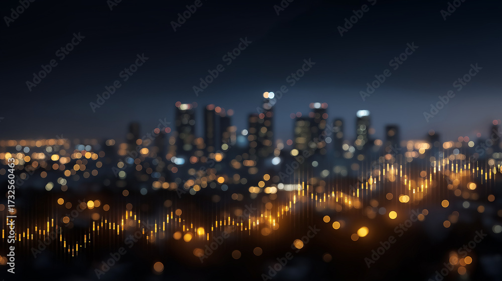 Fototapeta premium Night Cityscape with Dynamic Data: Capturing a mesmerizing view of a city at night, the photograph features a luminous, golden waveform overlayed, symbolizing progress, innovation.