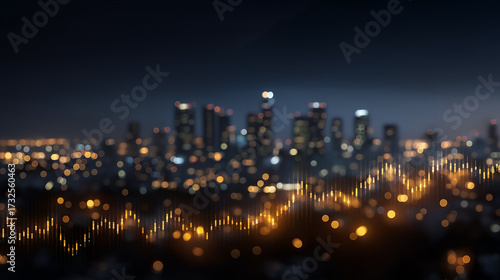 Wallpaper Mural Night Cityscape with Dynamic Data: Capturing a mesmerizing view of a city at night, the photograph features a luminous, golden waveform overlayed, symbolizing progress, innovation. Torontodigital.ca