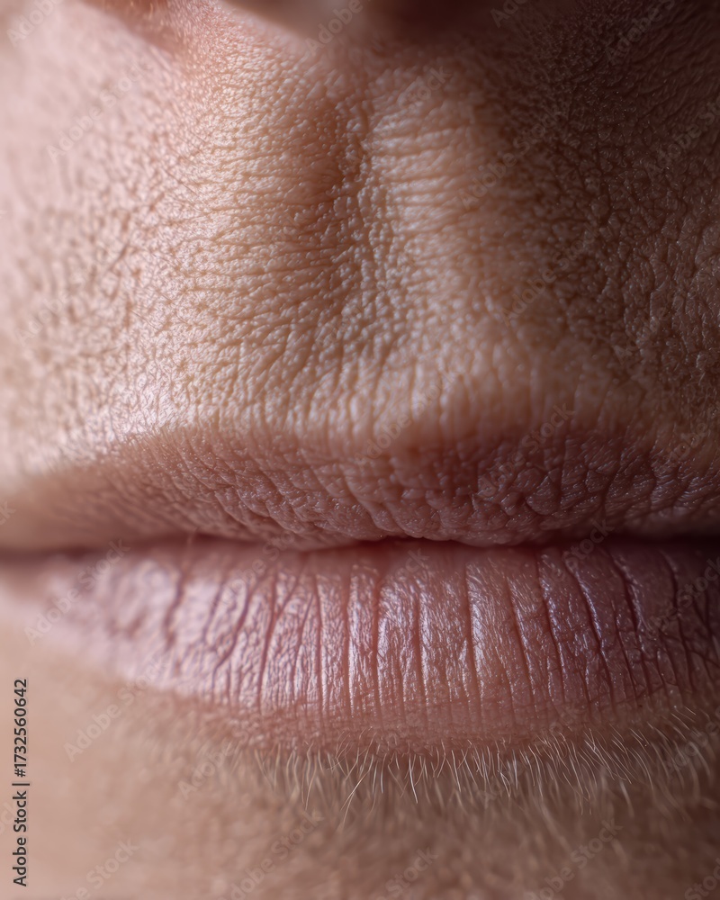 Fototapeta premium Macro beauty texture of dry chapped lips with detailed lines and realistic surface, captured with neutral studio light. Helpful for dermatology, lip care, skincare, healthcare, education, editorial