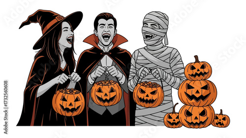 Spooky Celebrations: A spirited Halloween gathering features a witch, a vampire, and a mummy, all in costume and carrying jack-o'-lanterns.
