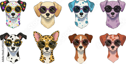 Collection of cute dogs wearing sunglasses in various colors and patterns design