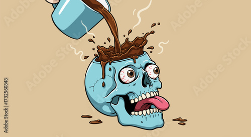Coffee pouring into skull head illustration representing caffeine addiction concept