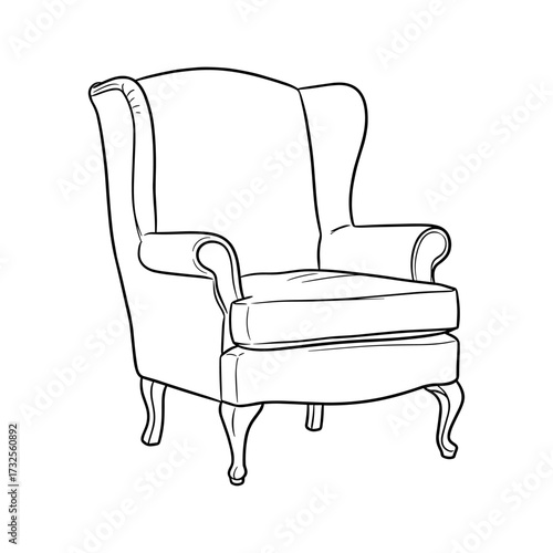 Wingback Armchair in Line Art Style in Black and White