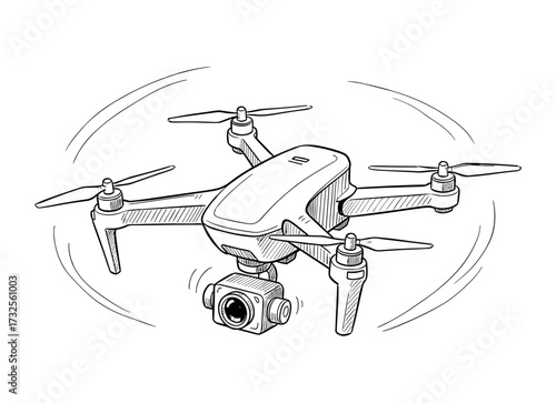 Flying drone with camera in line art style in black and white
