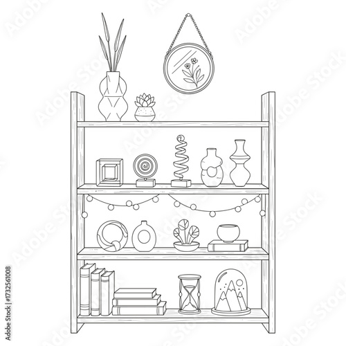 Decorated bookshelf with vases and lights in line art style in black and white