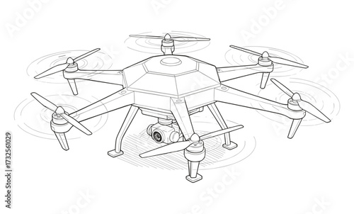Hovering drone with camera in line art style in black and white