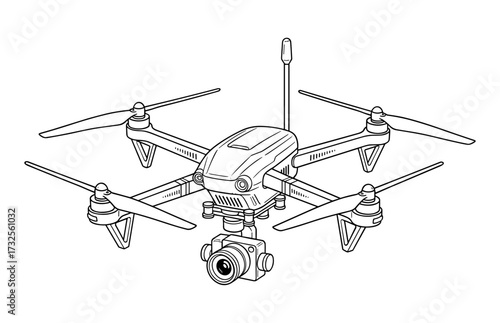 Drone with antenna and camera in line art style in black and white