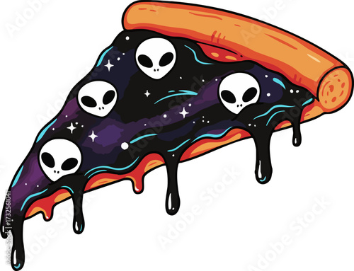 Cosmic pizza slice with alien faces floating in galaxy sauce on a black background