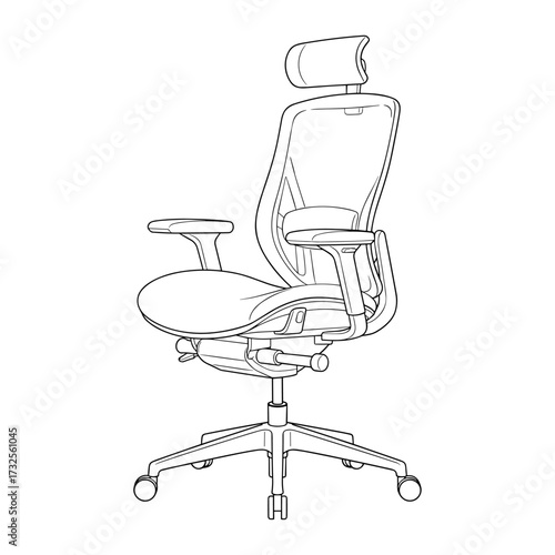 Ergonomic office chair in line art style in black and white