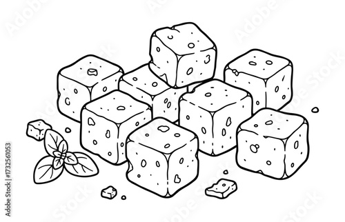Cheese feta cubes in line art style in black and white