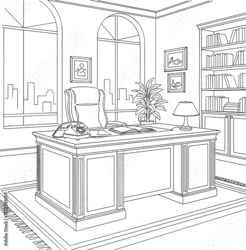 Executive office with desk and bookshelf in line art style in black and white