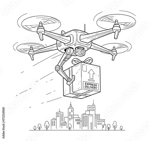 Delivery drone carrying package over city in line art style in black and white