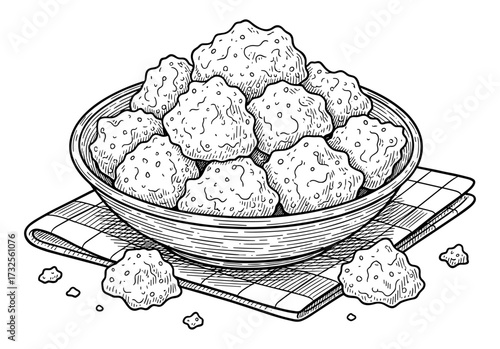Bowl of cheese curds in line art style in black and white