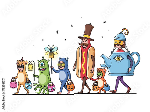 Halloween Costume Parade: A whimsical illustration of children in imaginative Halloween costumes trick-or-treating, showcasing a vibrant celebration.