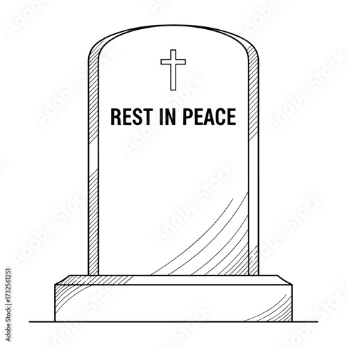 Gravestone with text in line art style in black and white