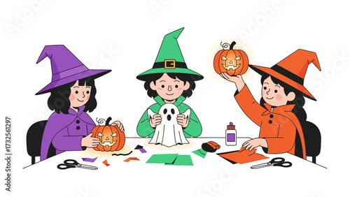 Halloween Crafting: Three children engrossed in a whimsical crafting session, meticulously preparing festive decorations, and showcasing the joy of the season.