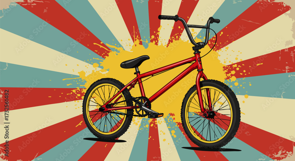 Fototapeta premium Red bmx bike with yellow wheels on a retro sunburst background for extreme sports