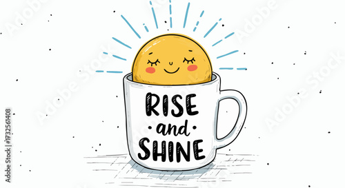 Smiling sun character in a mug with rise and shine text for a cheerful morning