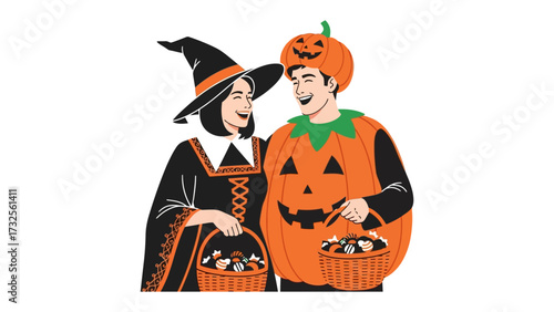 Spooky Delight: A witch and a pumpkin-dressed figure share an animated moment of joy while trick-or-treating. Capturing Halloween's fun!